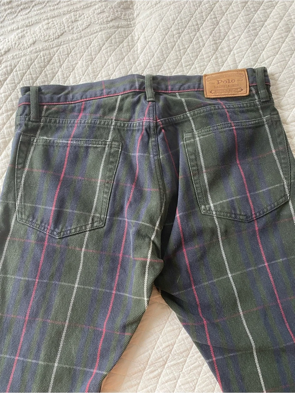 VTG Polo Ralph Lauren Varick Slim Straight Green Plaid Tartan Pants Preppy 32x30